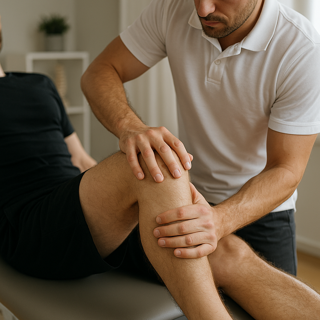 Hombre aplicando fisioterapia en Astillero sobre una rodilla
