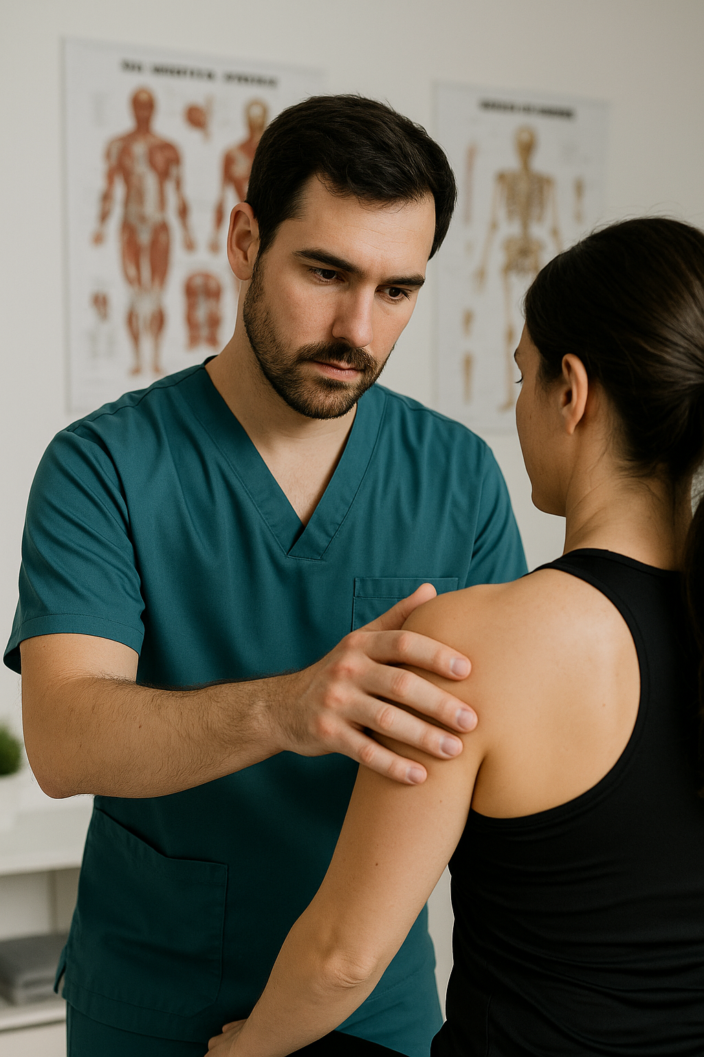 Fisioterapeuta realizando fisioterapia deportiva en el hombro a una mujer